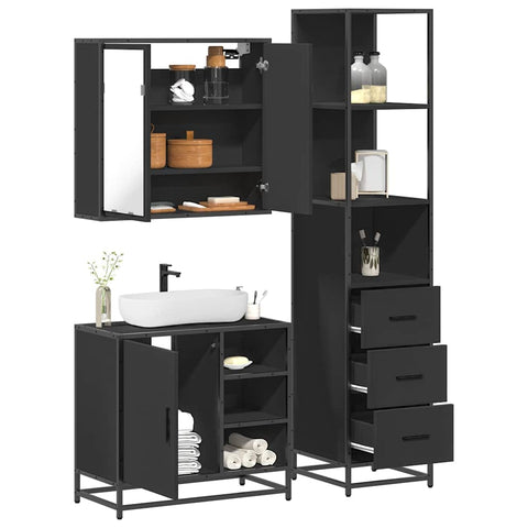 ZNTS 3 Piece Bathroom Furniture Set Black Engineered Wood 3301145