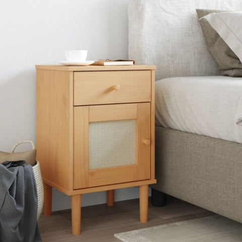 ZNTS Bedside Cabinet SENJA Rattan Look Brown 40x35x65 cm Solid Wood Pine 358013