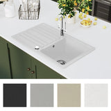 ZNTS Granite Kitchen Sink Single Basin with Drainer Reversible Cream White 141671