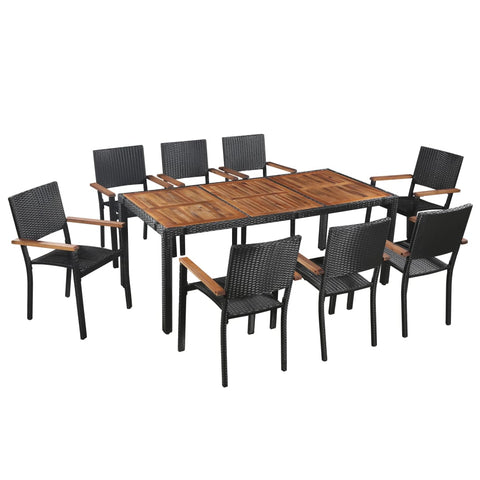 ZNTS 9 Piece Outdoor Dining Set Poly Rattan and Acacia Wood Black 43936