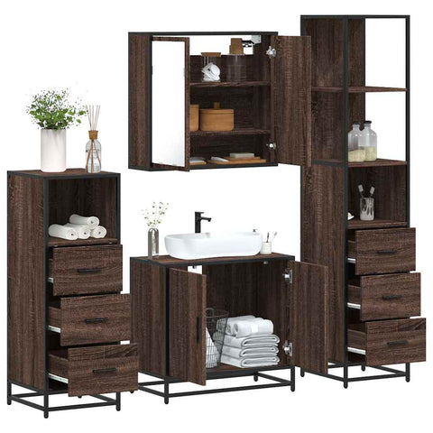 ZNTS 4 Piece Bathroom Furniture Set Brown Oak Engineered Wood 3301249