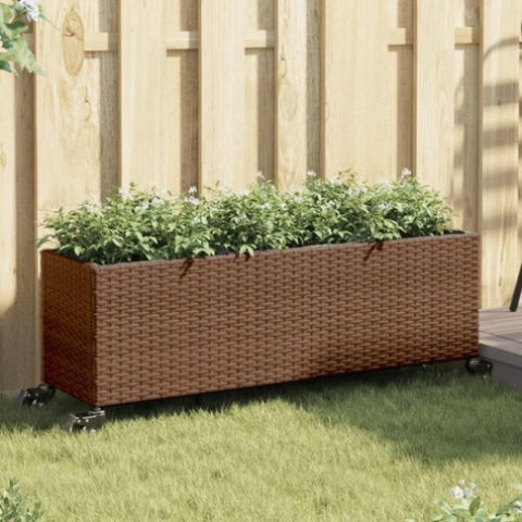 ZNTS Garden Planter with Wheels and 3 Pots Brown 107x32x38 cm Poly Rattan 366420