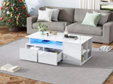 High Gloss Coffee Table with Open Storage, LED lights, Centre Table with 2 drawers, Sofa Side Table, N605P368348W