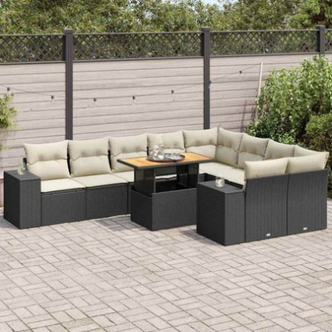 ZNTS 10 Piece Garden Sofa Set with Cushions Black Poly Rattan Acacia 3327416