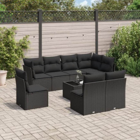 ZNTS 9 Piece Garden Sofa Set with Cushions Black Poly Rattan 3217765