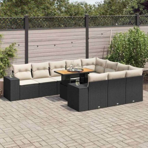 ZNTS 10 Piece Garden Sofa Set with Cushions Black Poly Rattan Acacia 3327423