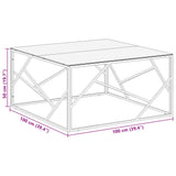 ZNTS Coffee Table Silver Stainless Steel and Tempered Glass 349955