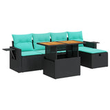 6 Piece Garden Sofa Set with Cushions Black Poly Rattan Acacia 3328023