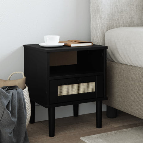 ZNTS Bedside Cabinet SENJA Rattan Look Black 40x35x48 cm Solid Wood Pine 358012