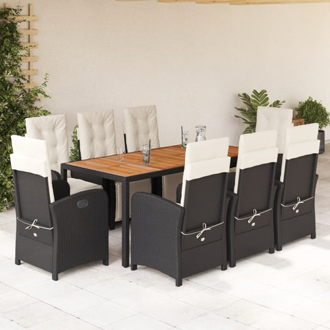 9 Piece Garden Dining Set with Cushions Black Poly Rattan 3212473