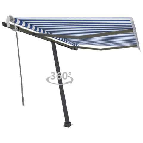 ZNTS Freestanding Manual Retractable Awning 350x250 cm Blue/White 3069716