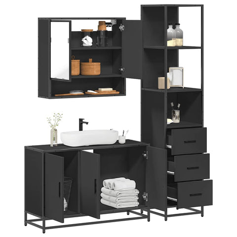 ZNTS 3 Piece Bathroom Furniture Set Black Engineered Wood 3301160