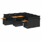 9 Piece Garden Sofa Set with Cushions Black Poly Rattan Acacia 3327576