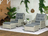 5 Pieces PE Rattan Sun Lounger Set, Outdoor Half-round Wicker Recliner Sofa Bed with Glass Top T3398P314148