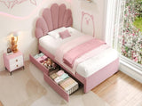 3ft Single Upholstered Bed with Adjustable Chic Petal Headboard, Soft Velvet Bed Frame with 2 N652P296621P