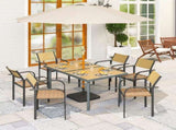 Garden Table for 6, 150 cm Rectangular Outdoor Dining Table with 5 cm Umbrella Hole, Wood Effect T3398P328056