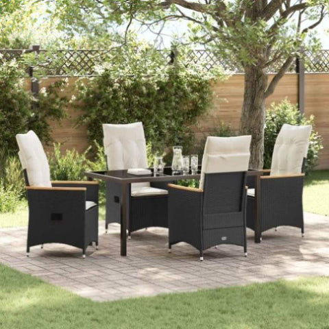 ZNTS 5 Piece Garden Dining Set with Cushions Black Poly Rattan 3379607