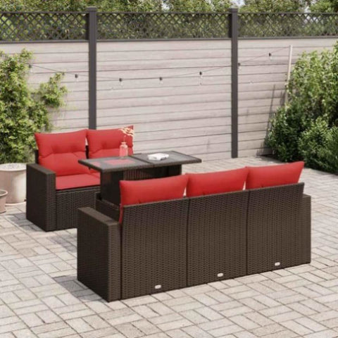 6 Piece Garden Sofa Set with Cushions Brown Poly Rattan Acacia 3326255