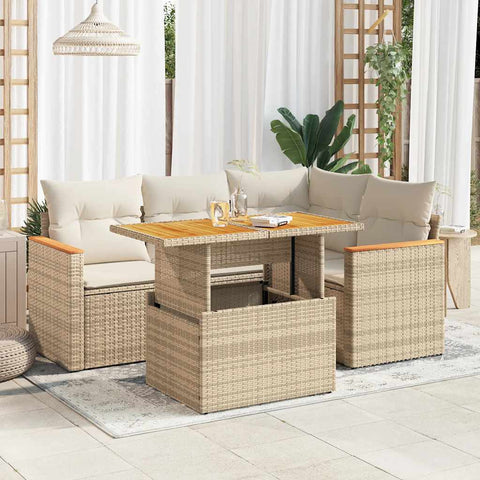 ZNTS 5 Piece Garden Sofa Set with Cushions Beige Poly Rattan Acacia 3327481