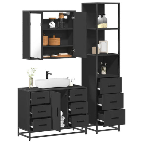 ZNTS 3 Piece Bathroom Furniture Set Black Engineered Wood 3301140