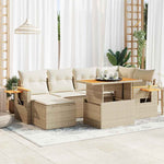 ZNTS 7 Piece Garden Sofa Set with Cushions Beige Poly Rattan Acacia 3327621