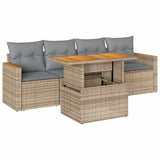 5 Piece Garden Sofa Set with Cushions Beige Poly Rattan Acacia 3327433