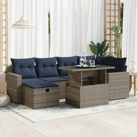 7 Piece Garden Sofa Set with Cushions Grey Poly Rattan Acacia 3327821