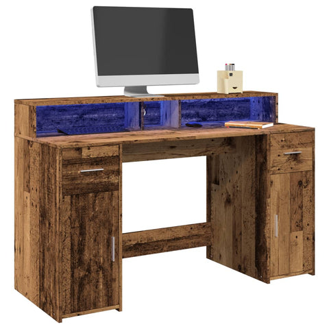 Desk with LED Lights Old Wood 140x55x91 cm Engineered Wood 3309427