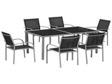 7 Piece Outdoor Garden Dining Set with Table and 6 Stackable Chairs, Steel Frame, Tempered Glass T3398P320087
