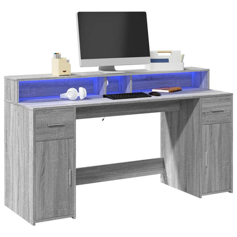 Desk with LED Lights Grey Sonoma 160x55x91 cm Engineered Wood 3309434
