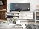 TV Stand with Cupboard, Open Shelves, Striped Doors, Wooden legs, White T3398P344513