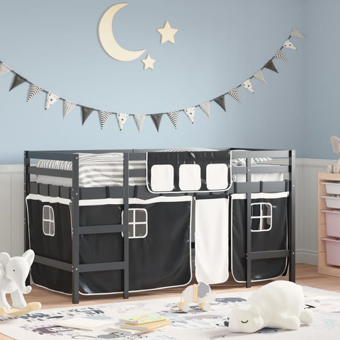 ZNTS Kids' Loft Bed with Curtains without Mattress White&Black 90x200cm 3206970