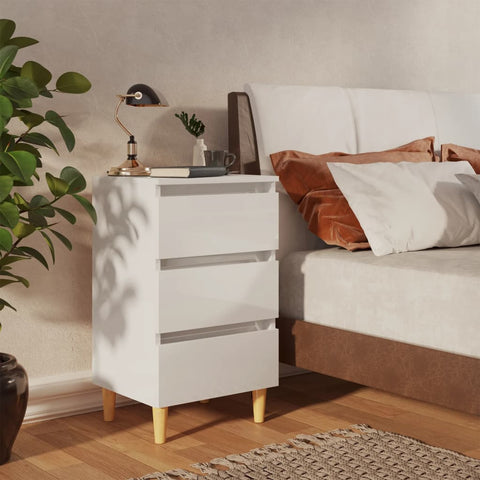Bed Cabinet with Solid Wood Legs High Gloss White 40x35x69 cm 805899