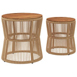 Garden Side Tables 2 pcs with Wooden Top Beige Poly Rattan 366293