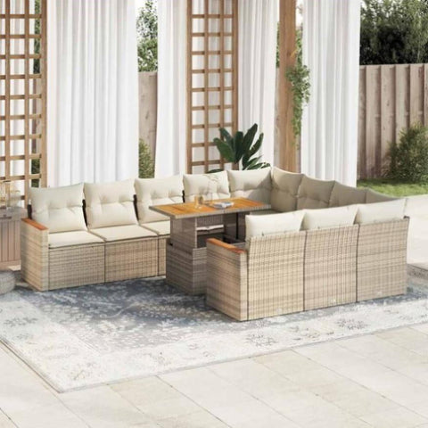 ZNTS 11 Piece Garden Sofa Set with Cushions Beige Poly Rattan Acacia 3327537