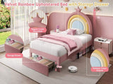 3ft Single Upholstered Bed with Adjustable Rainbow Headboard, Soft Velvet Bed Frame with Storage N652P296726P