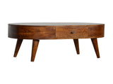 Solid Wood Chestnut Rounded Coffee Table, 2 Drawers, Dark Brown B2743P403121
