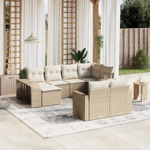 ZNTS 10 Piece Garden Sofa Set with Cushions Beige Poly Rattan 3228898
