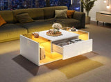 High Gloss Coffee Table with Open Storage, 1 drawer, LED lights, Centre Table with glass tabletop, N605P374206W