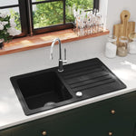 ZNTS Granite Kitchen Sink Single Basin with Drainer Reversible Black 141669