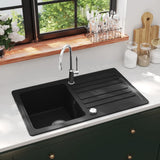 ZNTS Granite Kitchen Sink Single Basin with Drainer Reversible Black 141669