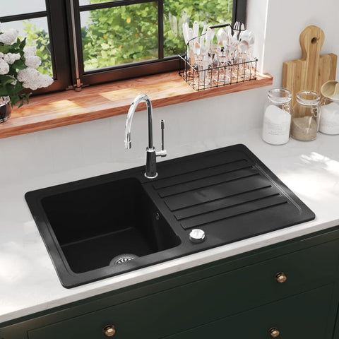 ZNTS Granite Kitchen Sink Single Basin with Drainer Reversible Black 141669