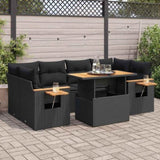 7 Piece Garden Sofa Set with Cushions Black Poly Rattan Acacia 3327562