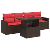 5 Piece Garden Sofa Set with Cushions Brown Poly Rattan Acacia 3326245