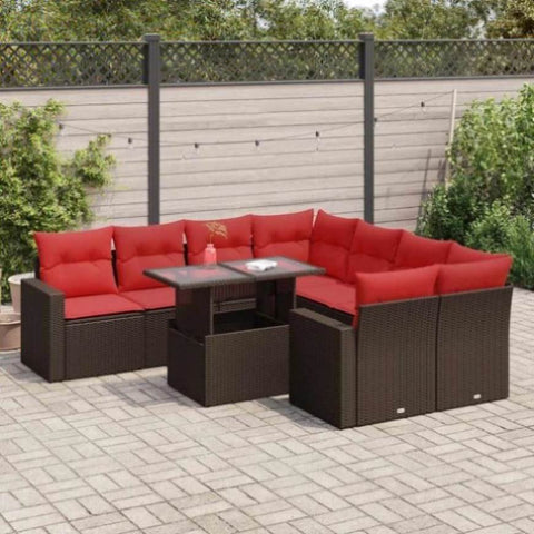 9 Piece Garden Sofa Set with Cushions Brown Poly Rattan Acacia 3326295