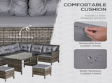 8-Seater Outdoor Couch, Rattan Dining Sofa Set with Wicker Coffee Table and Foot Stool w/ Cushion, T3398P315860