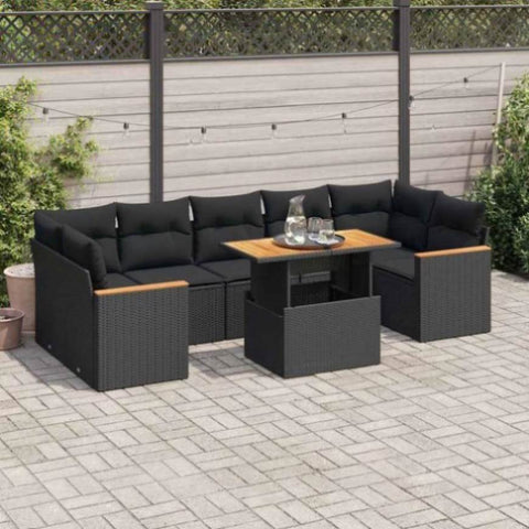 ZNTS 7 Piece Garden Sofa Set with Cushions Black Poly Rattan Acacia 3327457