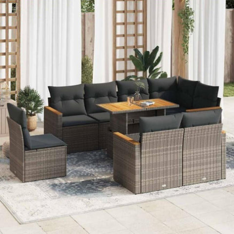 ZNTS 9 Piece Garden Sofa Set with Cushions Grey Poly Rattan Acacia 3327504