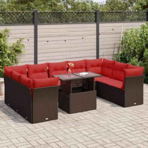 ZNTS 10 Piece Garden Sofa Set with Cushions Brown Poly Rattan Acacia 3326225