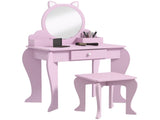 Kids Vanity Table with Mirror, Stool, Drawer, Storage Boxes, Cat Design, for Ages 3-6 Years - Pink T3398P422146